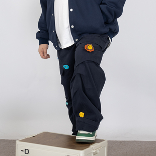 K叔美式工装风立体花朵装饰休闲裤男女直筒长裤潮流裤子伞兵裤