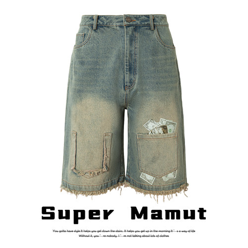 Super Mamnt美式小众设计破洞渐变牛仔短裤男水洗做旧直筒五分裤