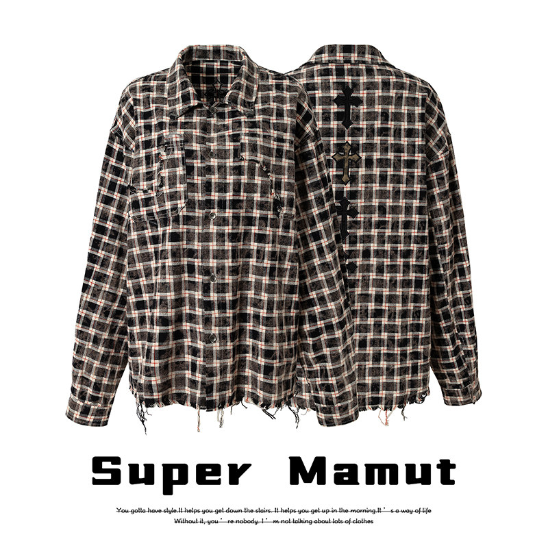 Super Mamnt 复古美式不规则格子长袖衬衫男女拼接情侣衬衣外套潮