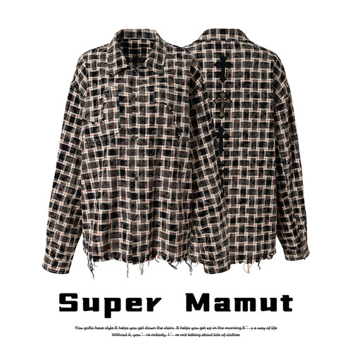 Super Mamnt 复古美式不规则格子长袖衬衫男女拼接情侣衬衣外套潮