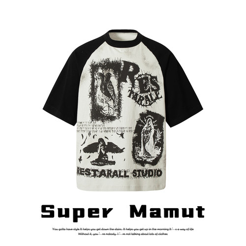 Super Mamnt高街暗黑系涂鸦印花插肩短袖男夏季新款圆领宽松T恤潮