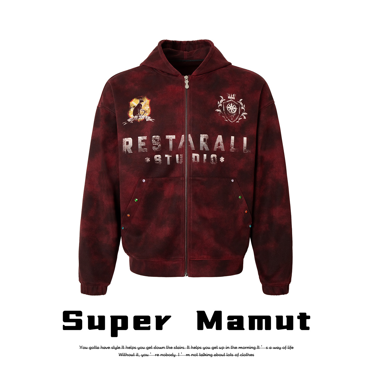 Super Mamnt美式复古扎染涂鸦印花连帽卫衣男女徽章水钻开衫外套
