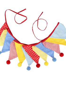 时尚拉旗串旗拉花 红黄蓝色系花纹流苏&毛球棉布三角旗 YSJQ224