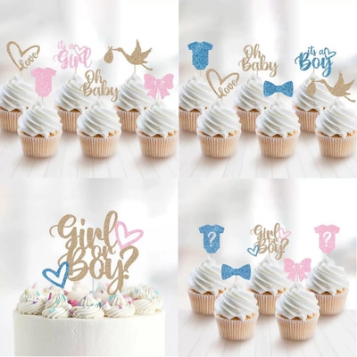 性别揭示迎婴派对闪闪蛋糕插牌