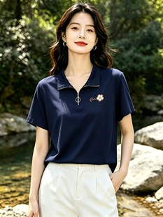 牵日红千日红夏款女装大码显瘦拉链polo纯色短袖T恤上衣FQ-6206