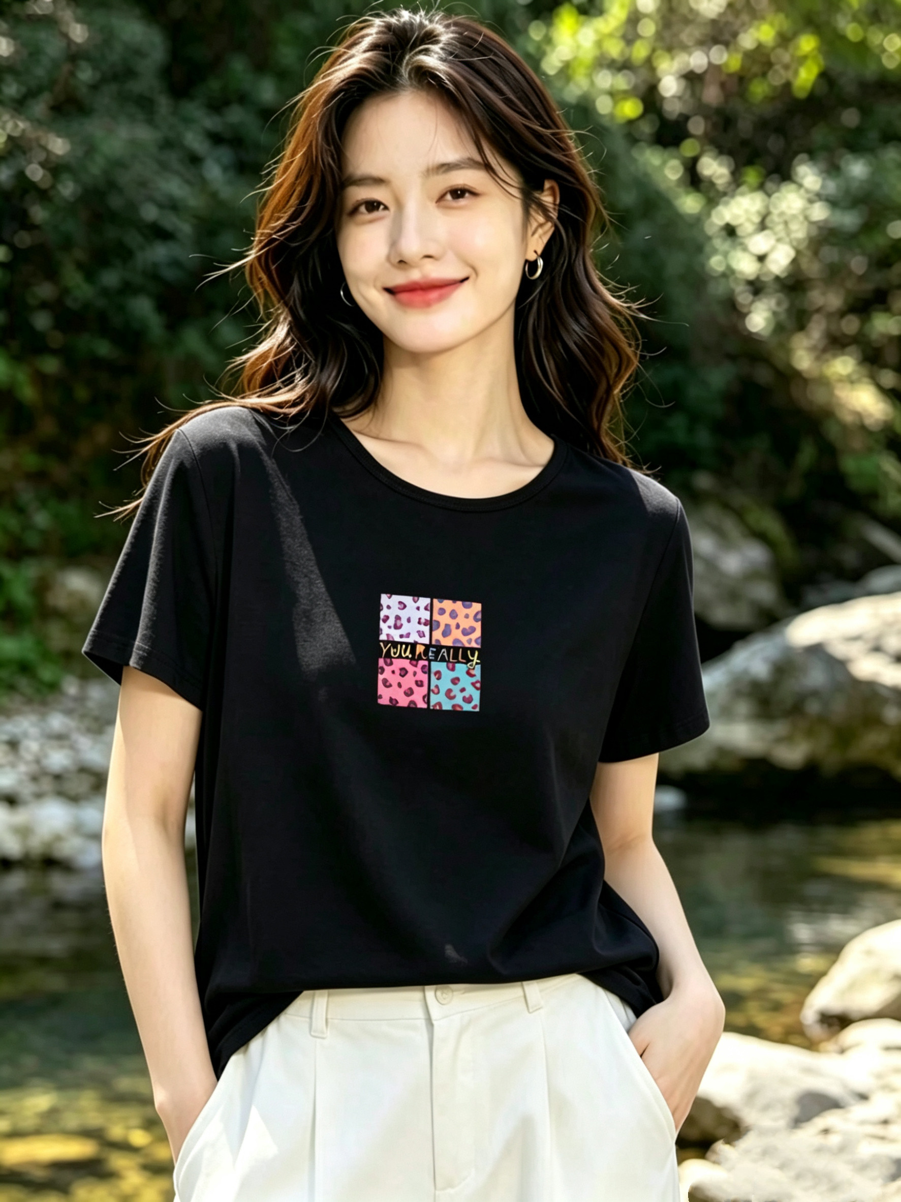 牵日红千日红夏款女装大码薄料显瘦圆领纯色短袖T恤上衣FQ-6182
