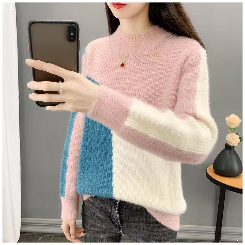 小清新毛衣女拼色套头宽松女士针织2025春秋新款学生百搭打底衫潮