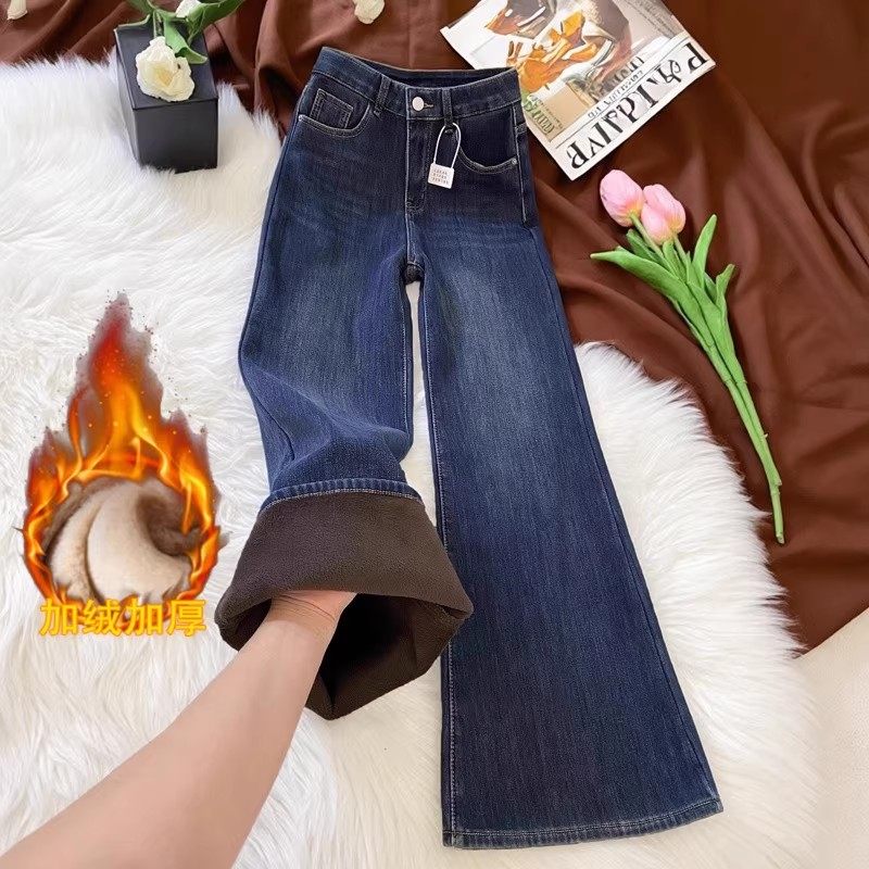深蓝色加绒加厚微喇牛仔裤女秋冬2025新款小个子显瘦垂感喇叭裤子