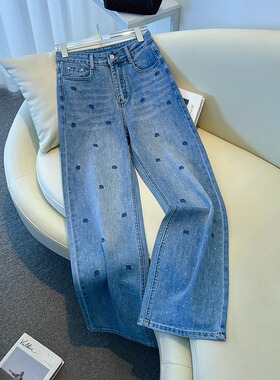 美式复古蓝色玫瑰刺绣烫钻牛仔裤2026新款高腰重工水洗显瘦直筒裤