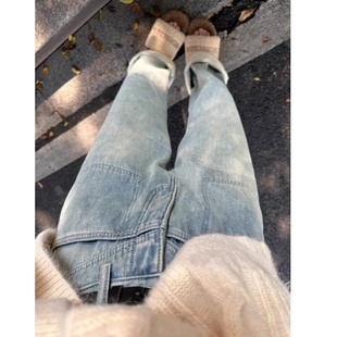 秋冬新款加绒加厚宽松直筒牛仔裤女复古浅蓝色水洗高腰窄版阔腿裤