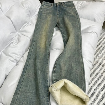 加绒加厚复古蓝直筒牛仔裤女秋冬2025新款宽松阔腿显瘦微喇马蹄裤