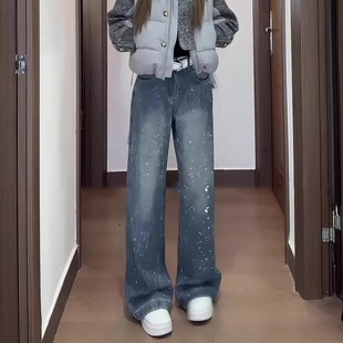 重工烫钻阔腿牛仔裤女冬季2025新款大码胖mm宽松显瘦加绒加厚裤子
