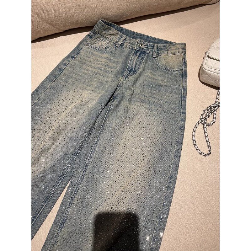 设计感浅蓝闪闪烫钻阔腿牛仔裤女新款美式复古高腰宽松直筒裤子
