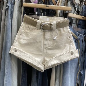 高腰牛仔短裤女夏季美式复古杏色辣妹卷边修身百搭A字热裤