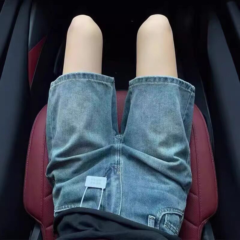 蓝色复古牛仔短裤女夏季新款大码胖mm小个子高腰显瘦五分阔腿中裤