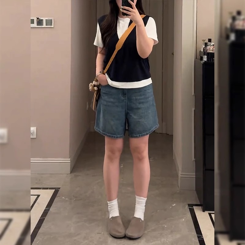 复古蓝高腰牛仔短裤女夏季薄款大码梨形身材宽松显瘦a字阔腿热裤