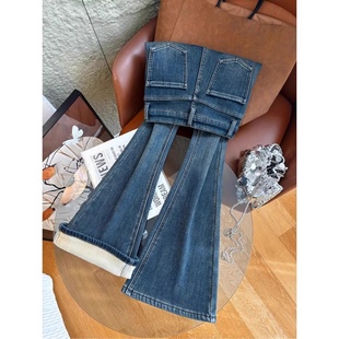 高腰显瘦深蓝色加绒加厚喇叭牛仔裤女2025年冬季新款保暖修身长裤