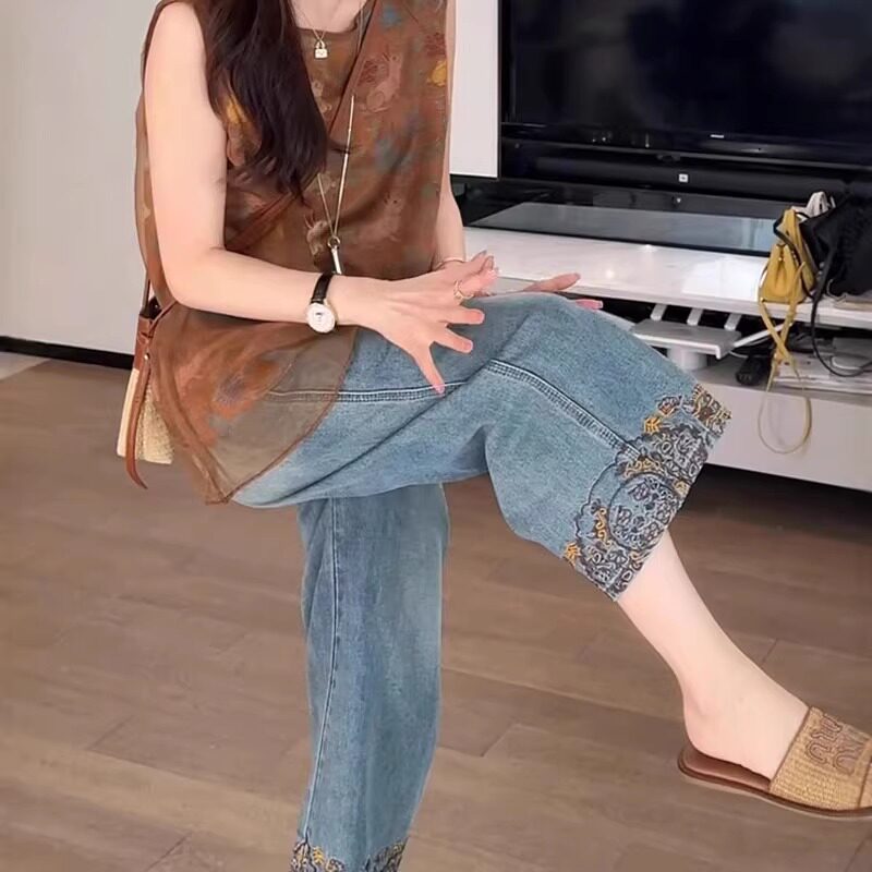 国风刺绣牛仔裤女夏季薄款八分裤2026新款大码胖mm显瘦直筒阔腿裤