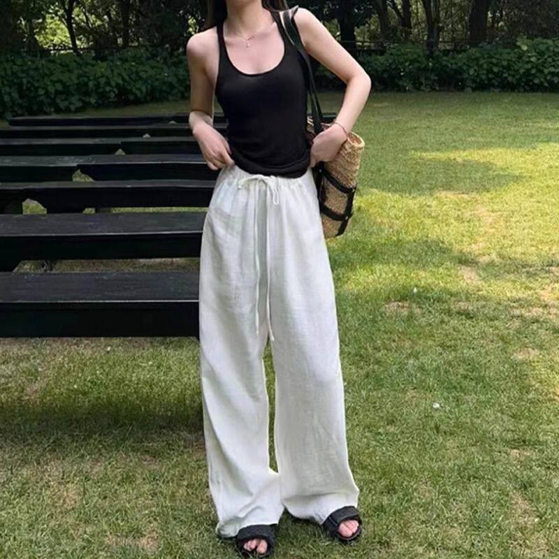 高个子加长白色亚麻阔腿裤女夏季薄款高腰垂感休闲裤松弛感拖地裤