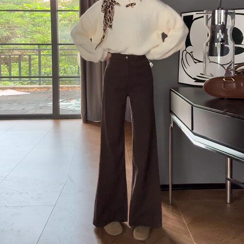 美拉德深咖色阔腿微喇牛仔裤女2025秋冬新款不贴腿加绒加厚拖地裤