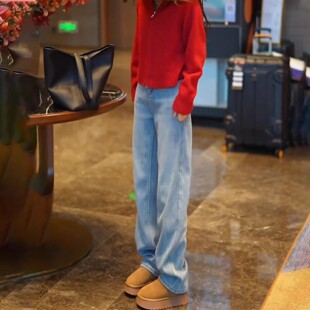 美式水洗浅蓝色阔腿牛仔裤女2025新款冬季加绒时尚宽松显瘦直筒裤