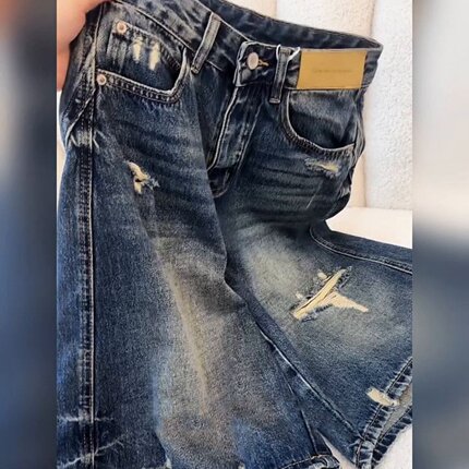 美式个性破洞时尚大码牛仔短裤女夏季新款宽松遮肉洋气五分阔腿裤