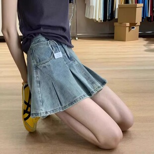 韩里韩气半身裙梨型身材遮胯百褶a字裙大码胖mm美式热辣牛仔短裙