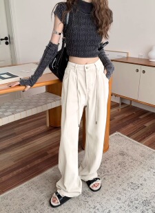 美式复古抽绳白色牛仔裤女秋季休闲宽松直筒长裤百搭阔腿拖地裤子