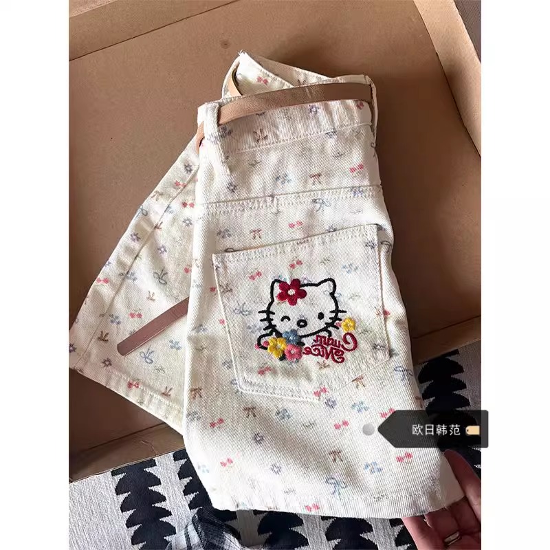 大码蝴蝶结樱桃印花设计感牛仔短裤女2025夏季新款修身显瘦热裤潮