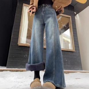 加绒加厚设计感直筒微喇牛仔裤女冬季大码胖mm高腰显瘦遮胯喇叭裤