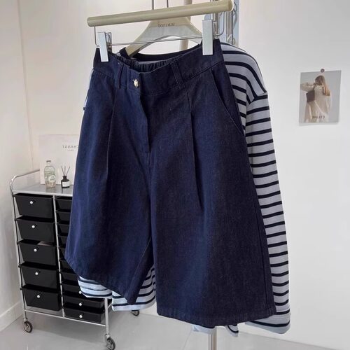 深蓝色直筒牛仔短裤女2026夏季薄款高腰遮胯显瘦a字阔腿五分中裤