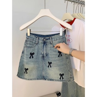 蝴蝶结刺绣牛仔短裙女夏季2025新款小个子高腰显瘦百搭包臀半身裙