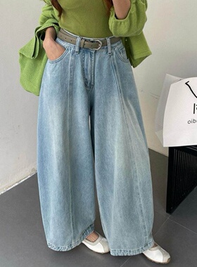 版型超好看的做旧牛仔裤女2026春夏季浅蓝色显瘦松弛感阔腿气球裤