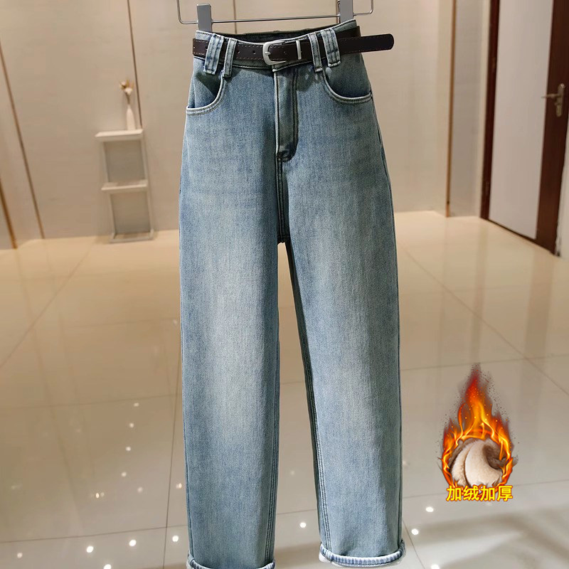 复古加绒加厚老爹牛仔裤女