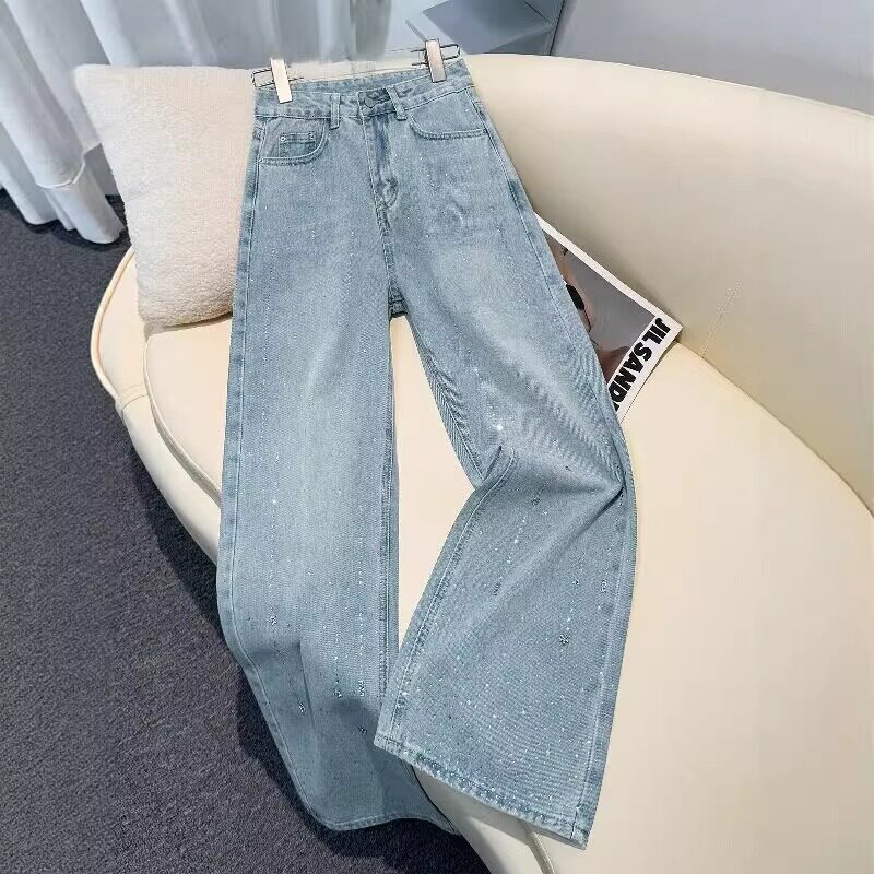 满天星烫钻牛仔裤女春秋2026新款设计感浅蓝色高腰显瘦窄版阔腿裤