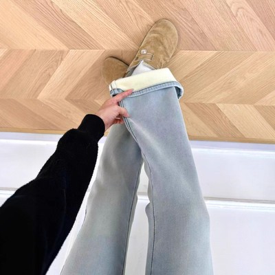 浅蓝色加绒加厚微喇牛仔裤女冬季大码胖mm弹力显瘦保暖直筒喇叭裤