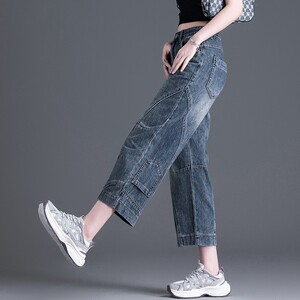 原创设计八分弯刀牛仔裤女2026春秋季高腰宽松品质薄款九分哈伦裤