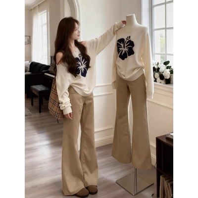 卡其色牛仔裤女2025新款秋冬季小个子宽松阔腿显瘦微喇叭加绒裤子