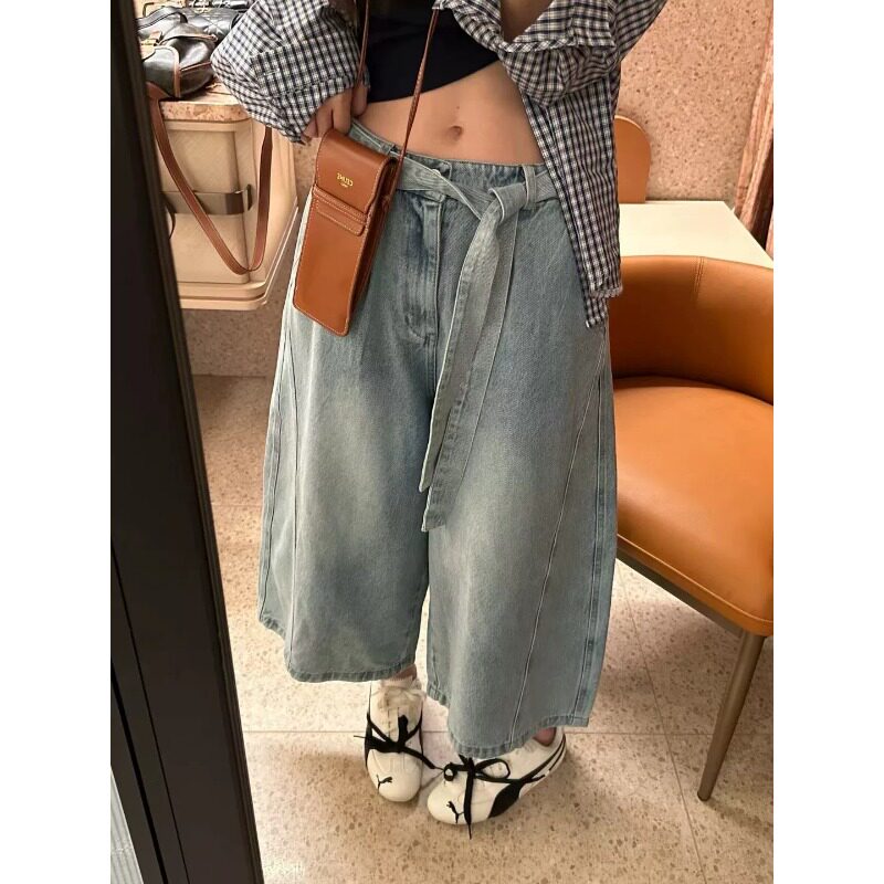 韩系显瘦腰带宽松遮肉八分阔腿裤2026夏新设计感百搭薄牛仔裤女潮