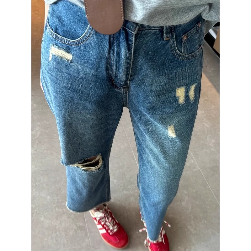 蓝色破洞直筒牛仔裤女夏季新款大码胖mm高腰显瘦小个子九分阔腿裤