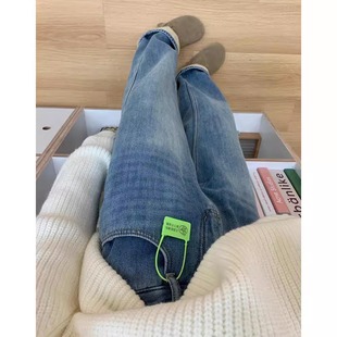 加绒浅色窄版阔腿牛仔裤女秋冬2025新款高腰显瘦宽松小个子直筒裤