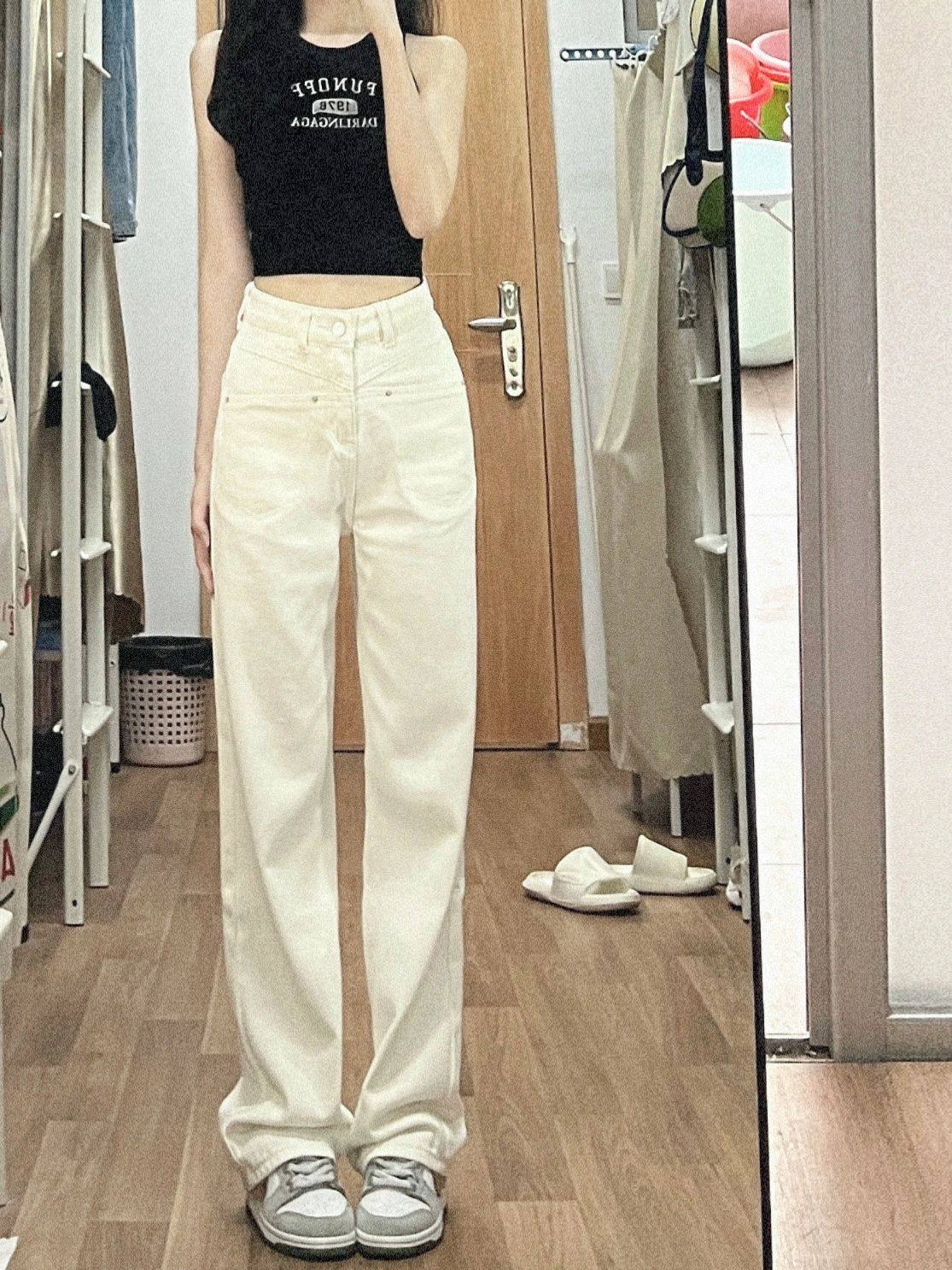 白色窄版阔腿直筒牛仔裤女春季新款高腰宽松显瘦小个子垂感拖地