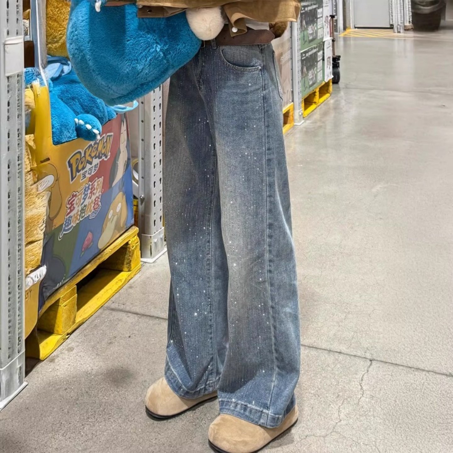 复古蓝细闪烫钻阔腿牛仔裤女冬季加绒大码胖mm宽松显瘦垂感拖地裤