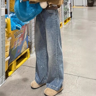 复古蓝细闪烫钻阔腿牛仔裤女冬季加绒大码胖mm宽松显瘦垂感拖地裤