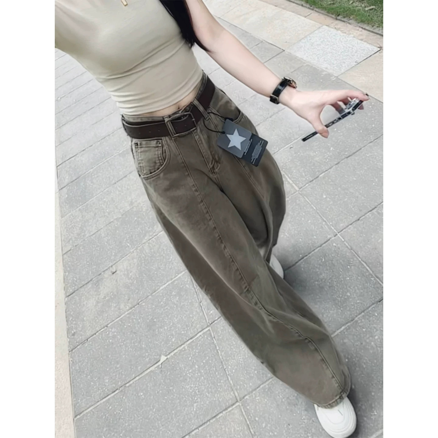 老钱风复古分割阔腿牛仔裤女2026秋季新款高腰宽松百搭镰刀拖地裤