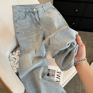 夏大码浅蓝气质星星烫钻闪亮高腰显瘦女神阔腿牛仔长裤女装潮