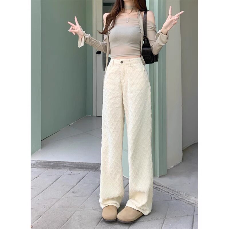 菱格提花牛仔阔腿裤女