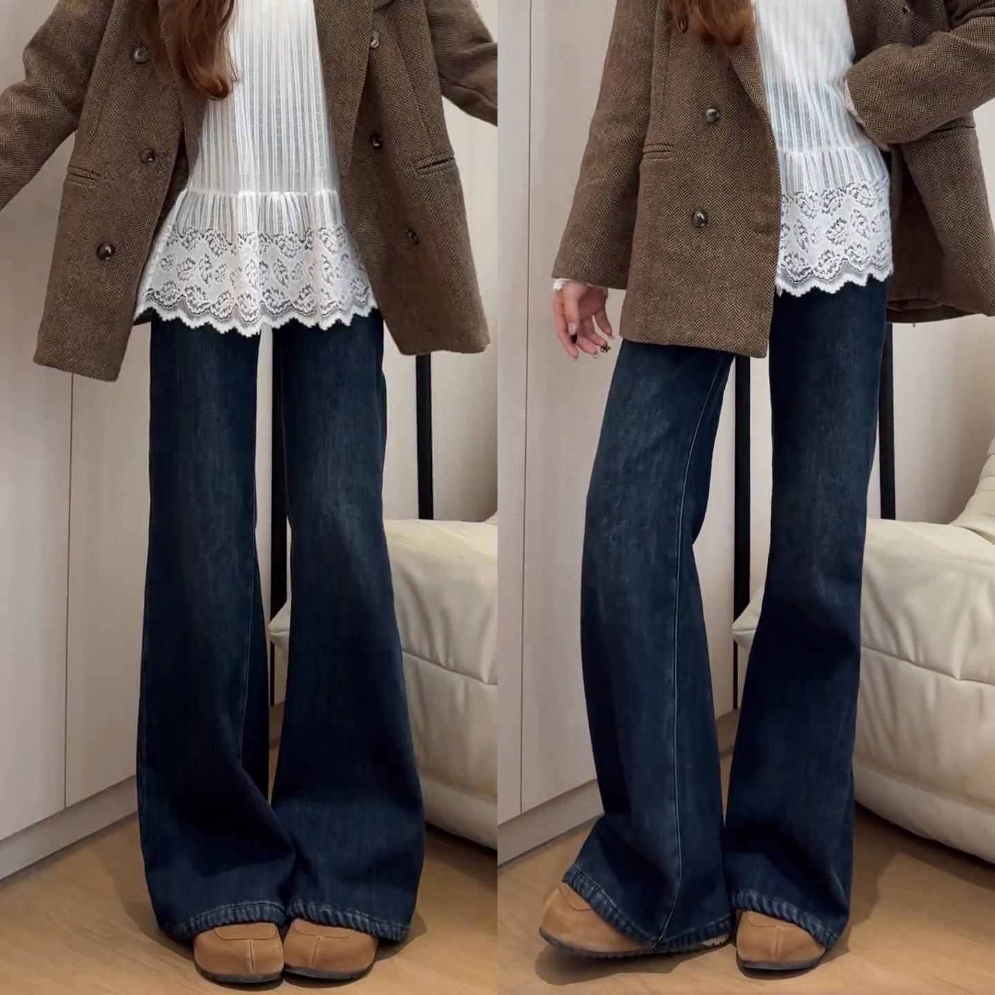 深蓝色牛仔裤冬加厚阔腿宽松喇叭裤梨形身材加绒显瘦不贴腿微喇裤