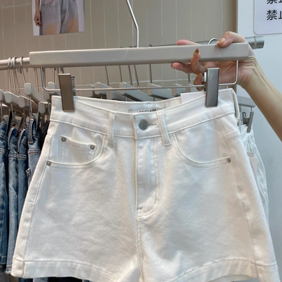 米白色高腰牛仔短裤女2026夏季新款显瘦卷边A字版阔腿弹力热裤