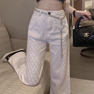 2026春季新款白色菱格纹牛仔裤女高腰显瘦洋气设计感直筒阔腿裤